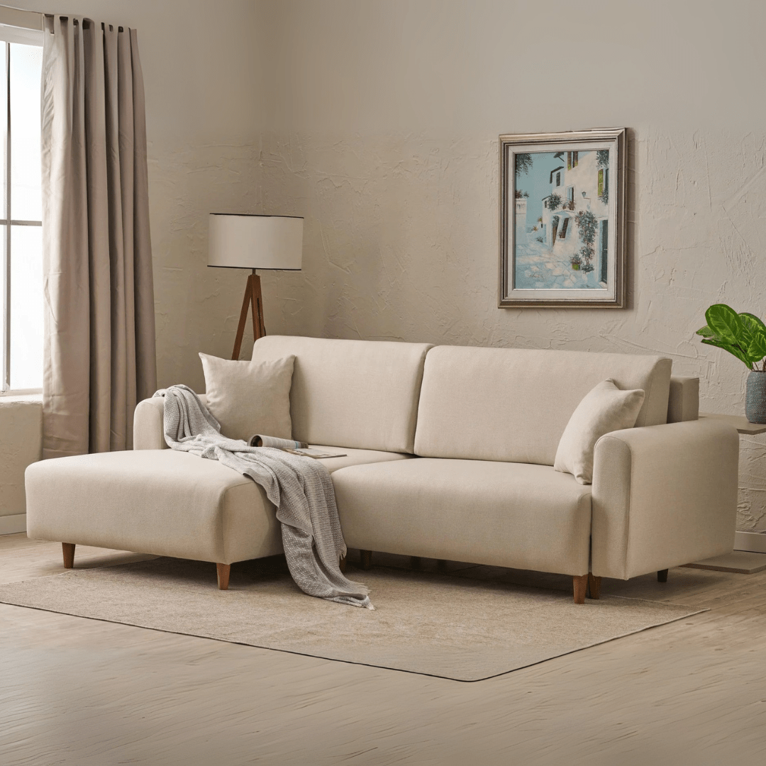 Corner sofa with sleeping function on the left mane cream
