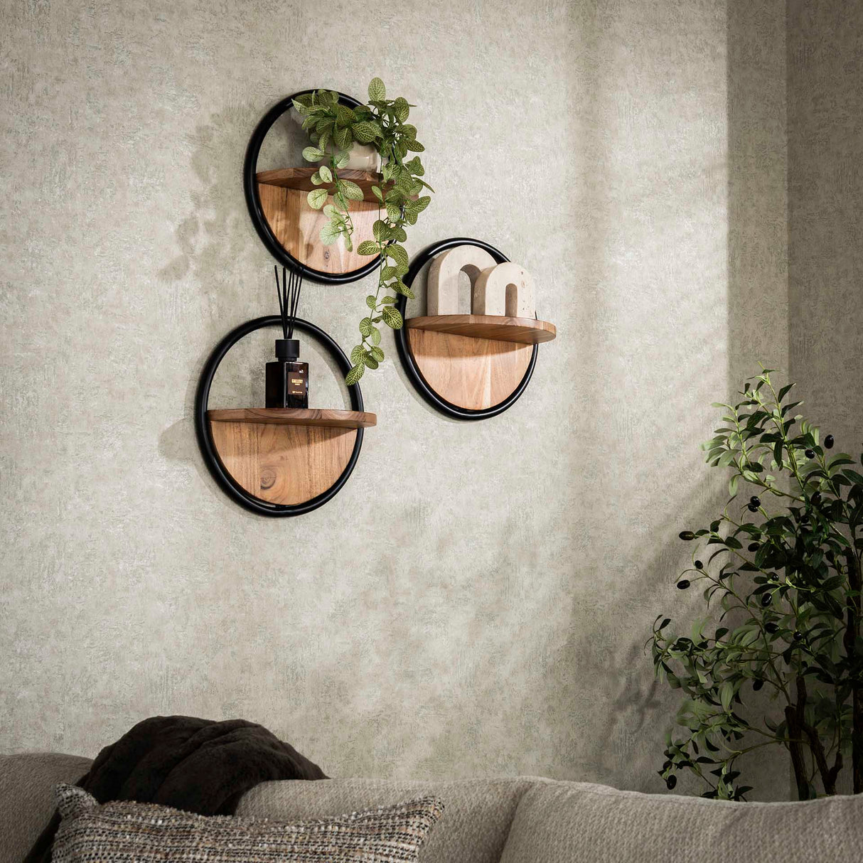 Round Wall Shelf Ø35 Solid Acacia Wood Set of 3