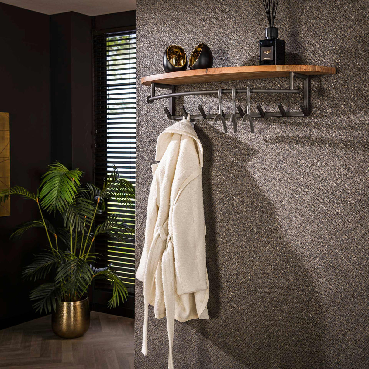 Wall Coat Rack 8-Hook River Acacia Wood - With Hat Shelf