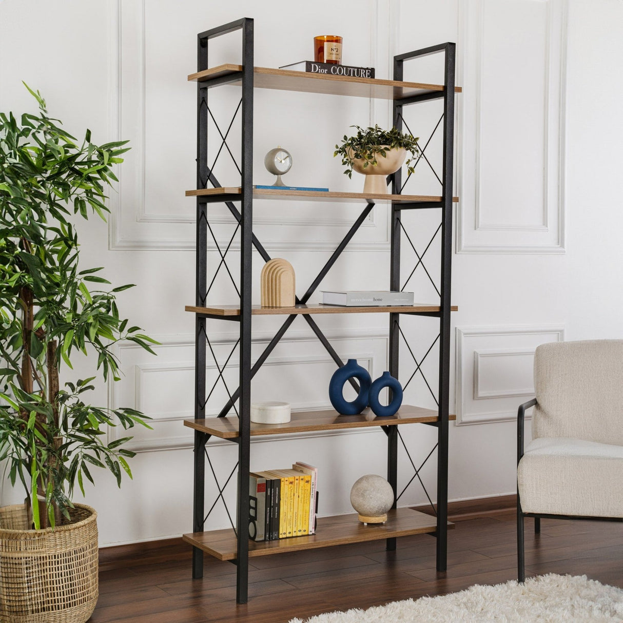 Industrial Bookcase Ely Walnut Melamine - Black Frame - 180x90 cm