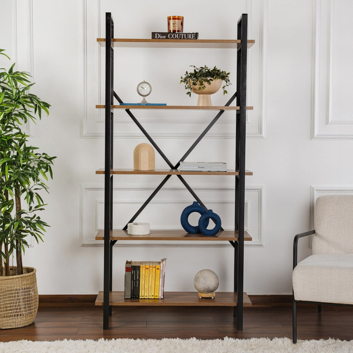 Industrial Bookcase Ely Walnut Melamine - Black Frame - 180x90 cm
