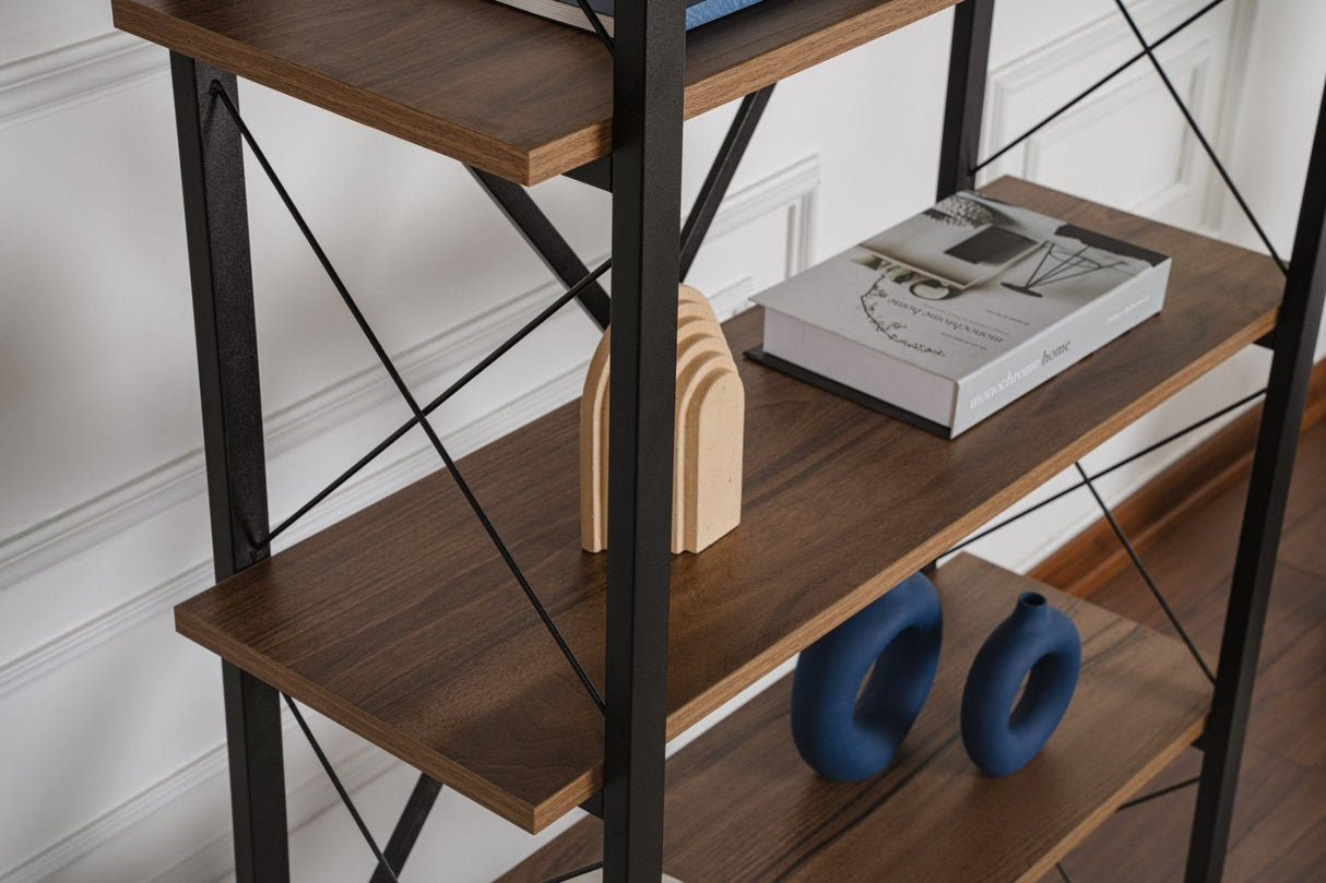 Industrial Bookcase Ely Walnut Melamine - Black Frame - 180x90 cm