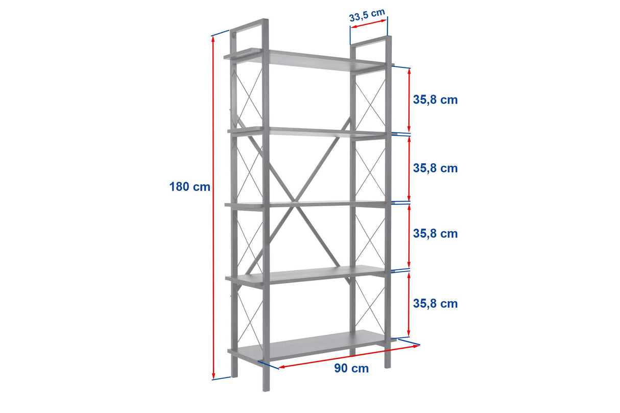 Industrial Bookcase Ely Walnut Melamine - Black Frame - 180x90 cm