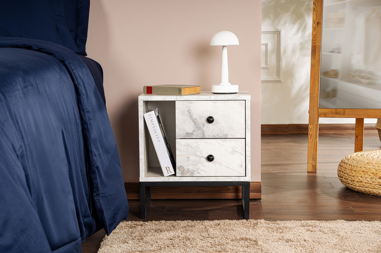 Nightstand White Marble Melamine Pulsar - Black Frame