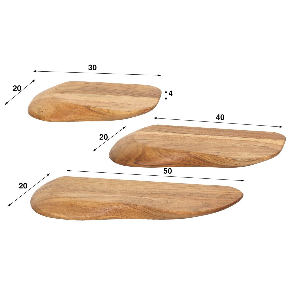 Nordic Set of 3 Wall Shelves Organic - Solid Acacia Wood