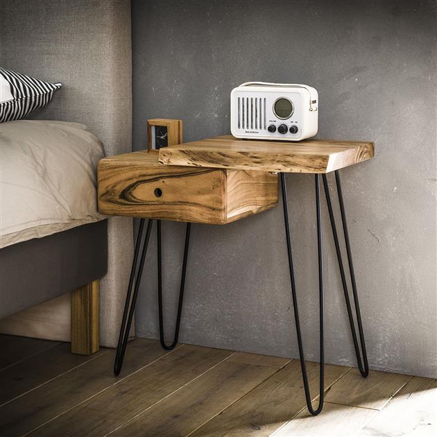 Industrial Bedside Table Aberdeen Right Acacia Wood with Drawer