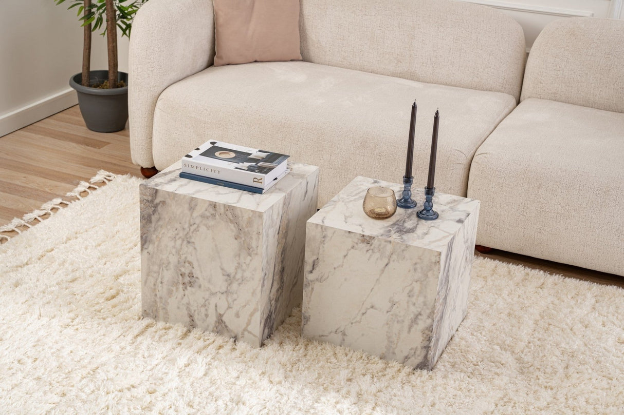 Modern Side Table Set of 2 Cube Square Marble Look - 40x40x40/45