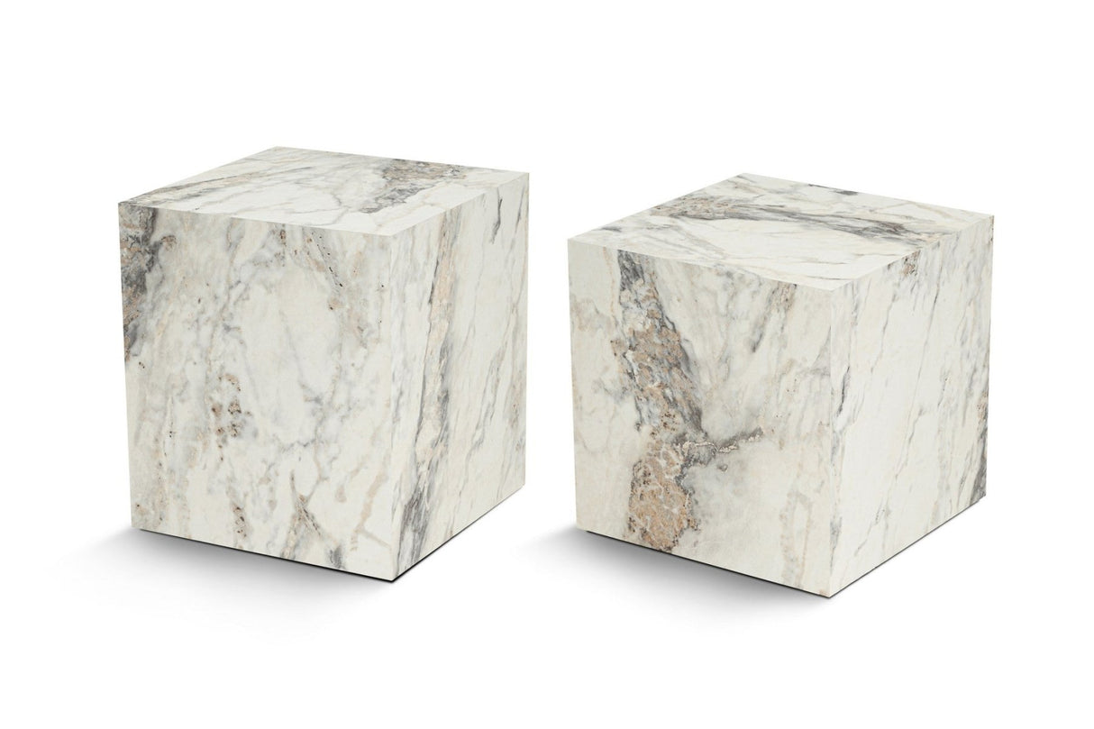 Modern Side Table Set of 2 Cube Square Marble Look - 40x40x40/45