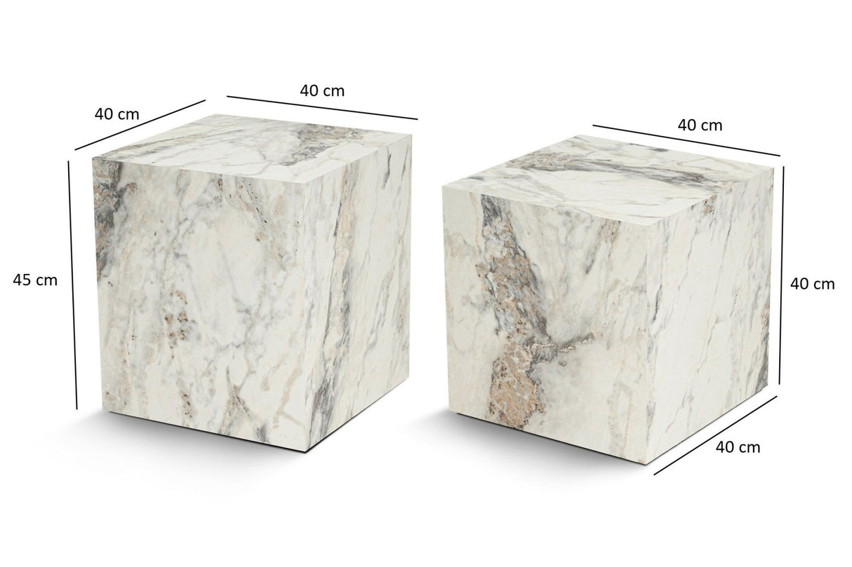 Modern Side Table Set of 2 Cube Square Marble Look - 40x40x40/45