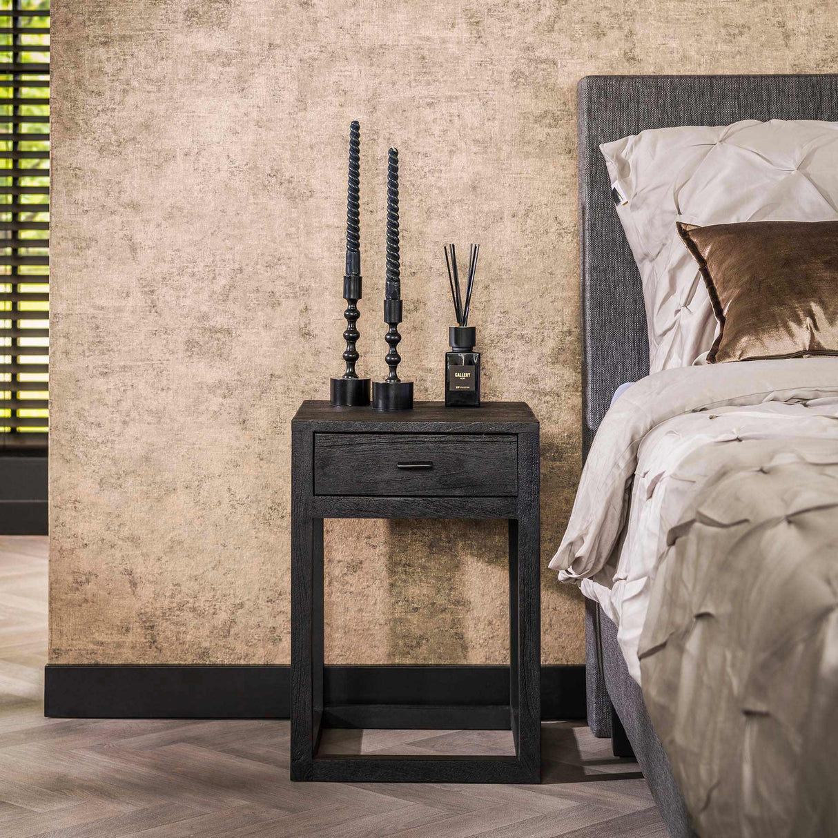 Bedside Table Black Acacia Wood Davey 1 Drawer