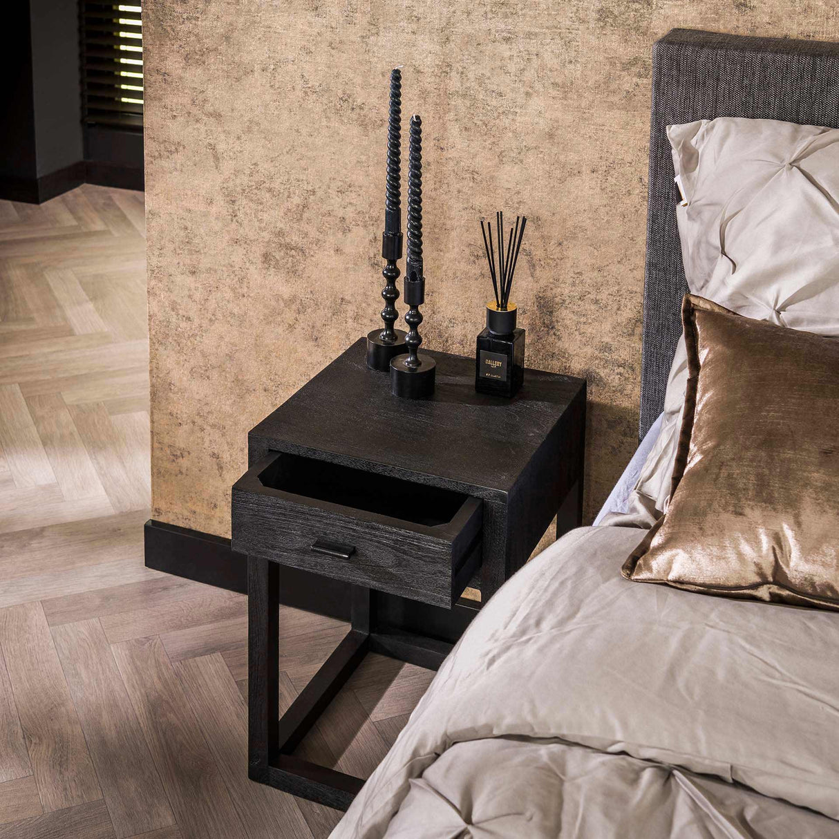 Bedside Table Black Acacia Wood Davey 1 Drawer