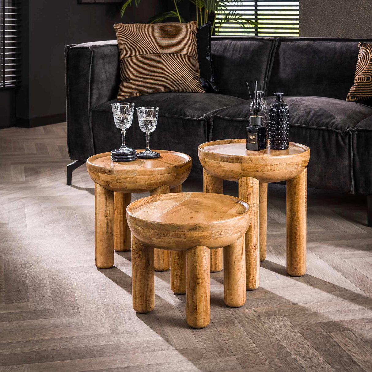 Round coffee table set of 3 Rex Solid Acacia Wood