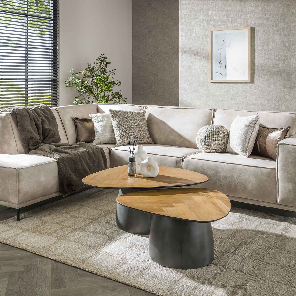 Elva herringbone coffee table set of 2 teak wood - metal frame