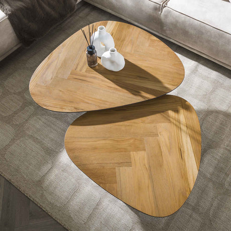 Elva herringbone coffee table set of 2 teak wood - metal frame