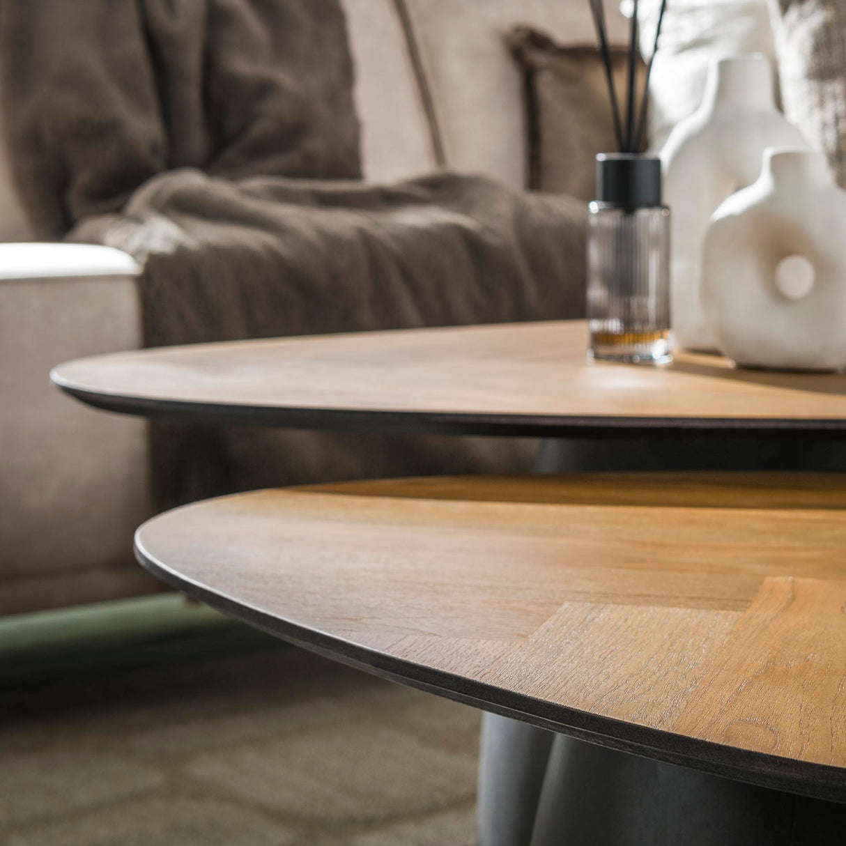 Elva herringbone coffee table set of 2 teak wood - metal frame