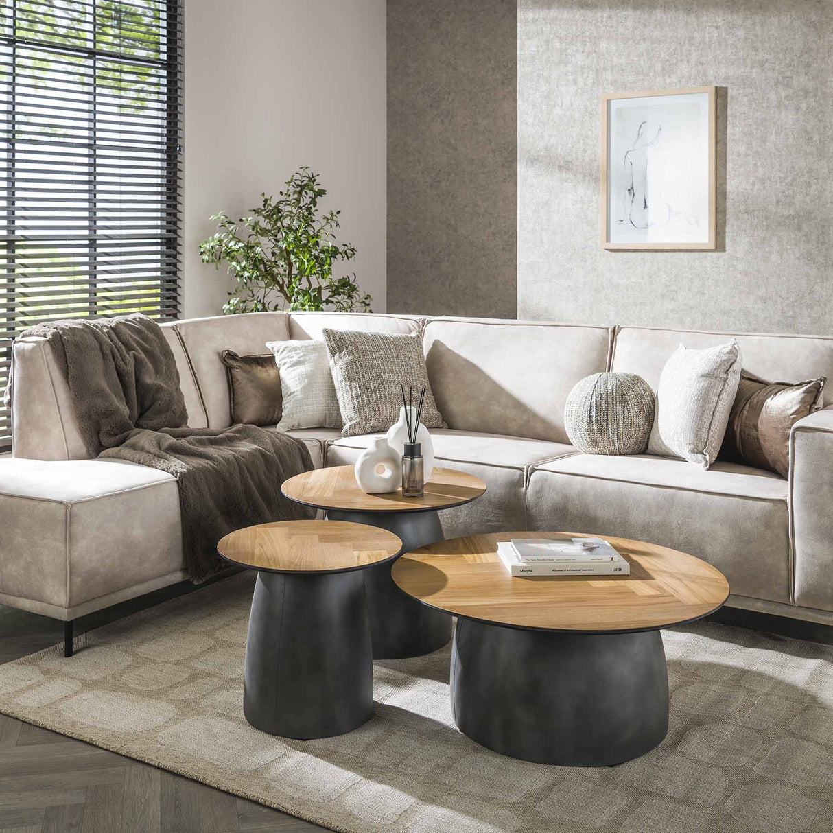 Elva herringbone coffee table set of 3 teak wood - metal frame