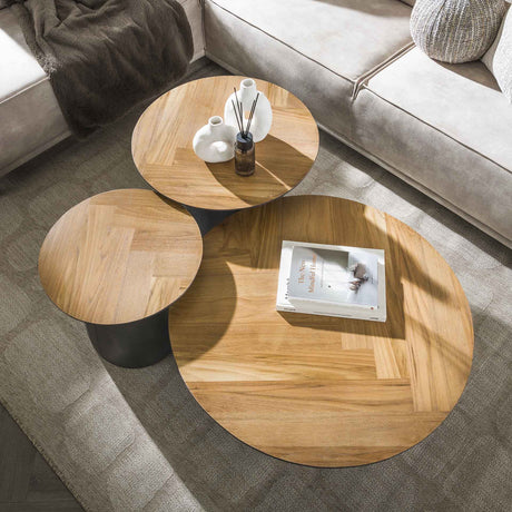 Elva herringbone coffee table set of 3 teak wood - metal frame