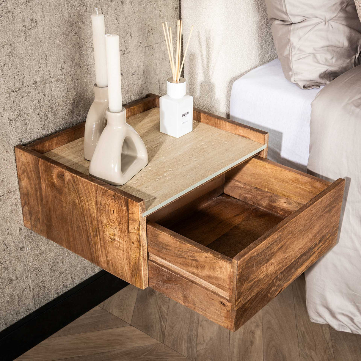Orto Wall-Mounted Nightstand 1 Drawer Mango wood Ceramic