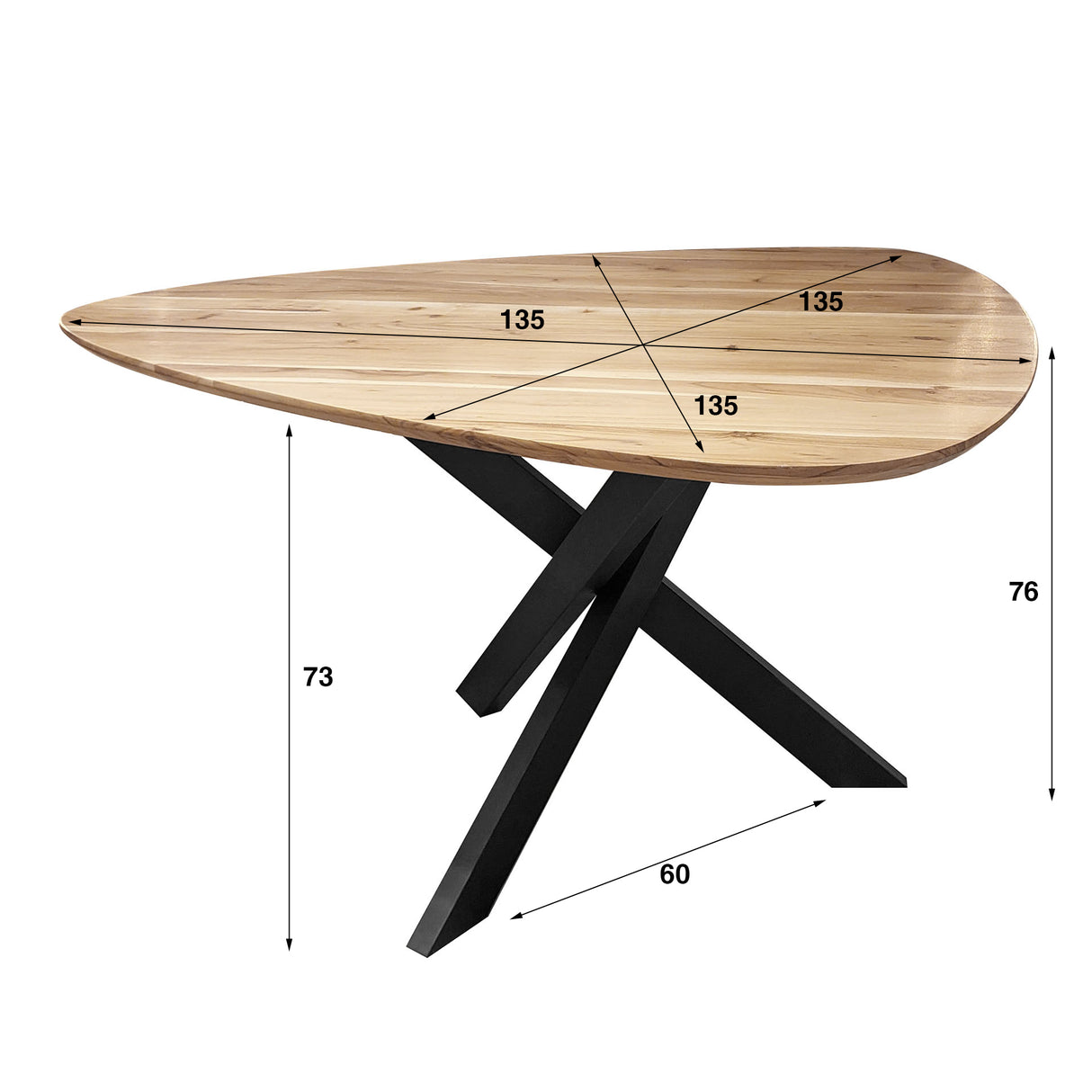Triangular dining table made of solid acacia wood 135 cm