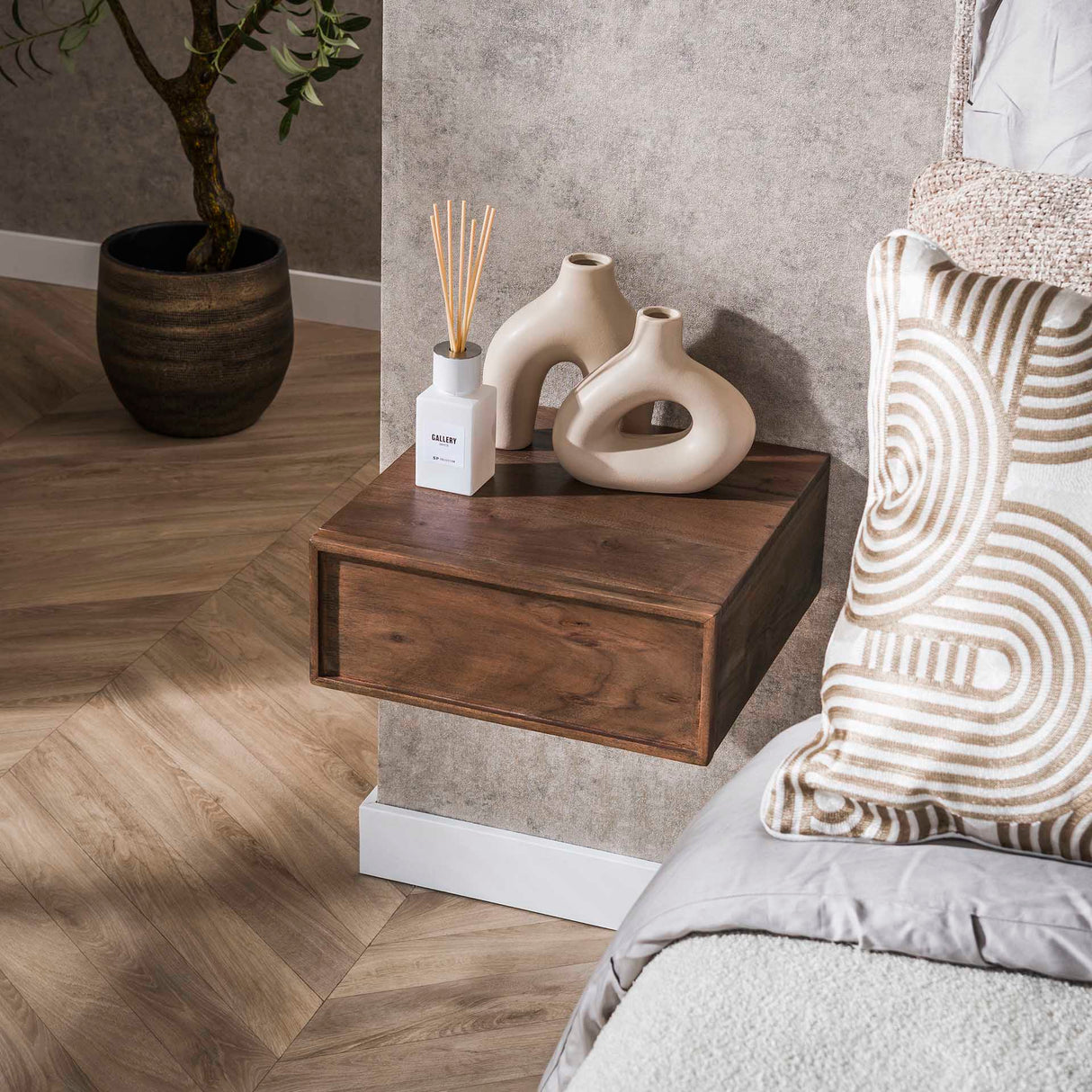 Floating bedside table acacia drift brown industrial