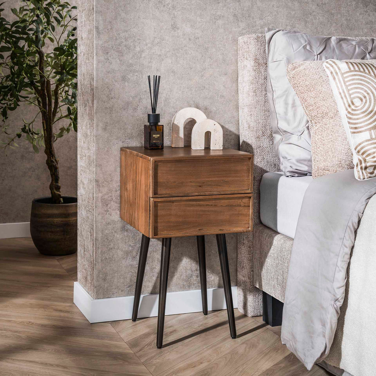 Nightstand Lio – Acacia Drift Brown – 2 Drawers