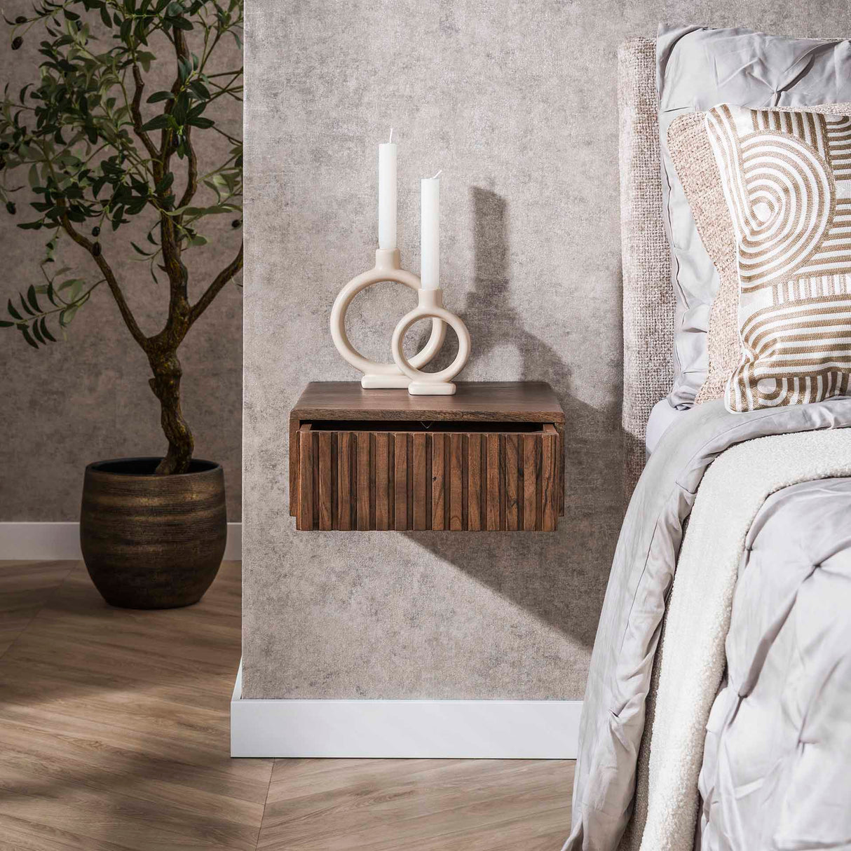 Floating nightstand acacia wood drift brown – 1 drawer