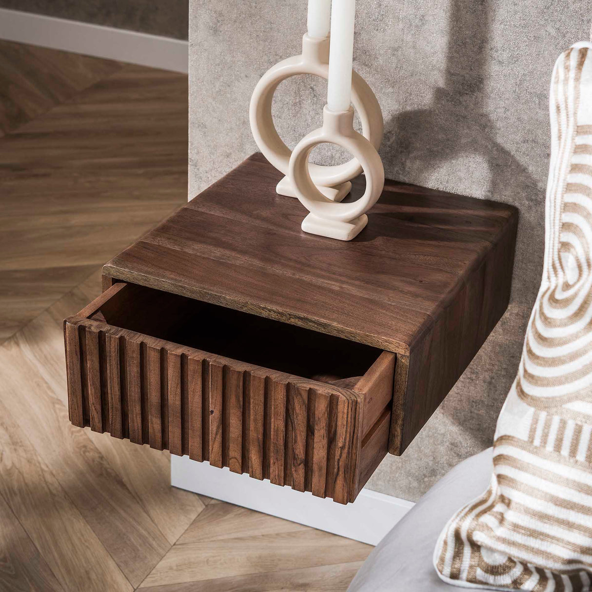 Floating nightstand acacia wood drift brown – 1 drawer