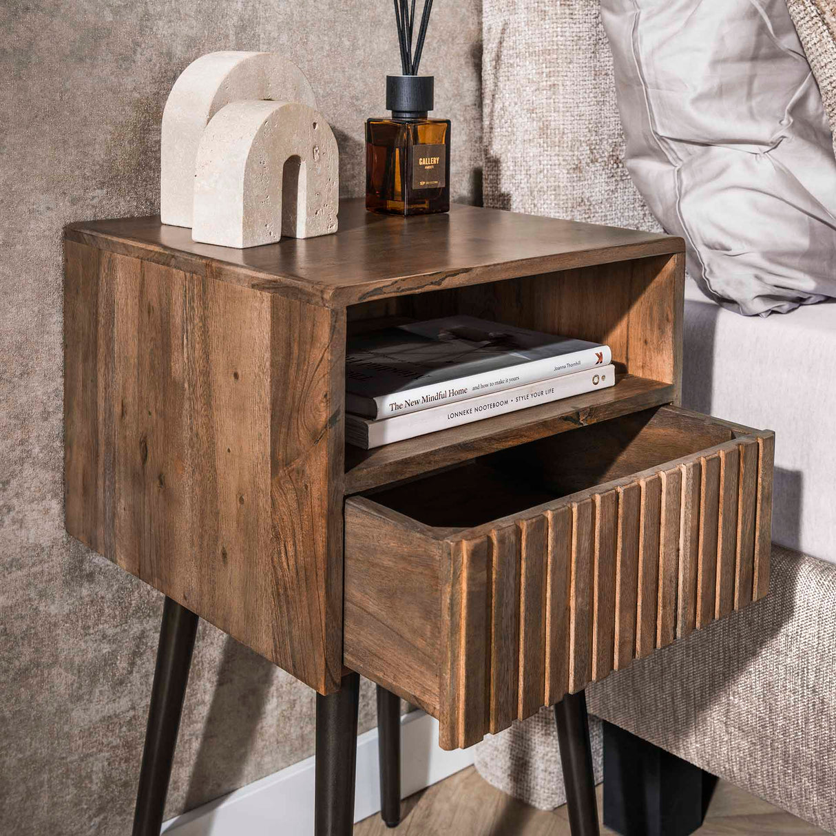 Nightstand Dex Acacia Wood Drift Brown - 1 Drawer