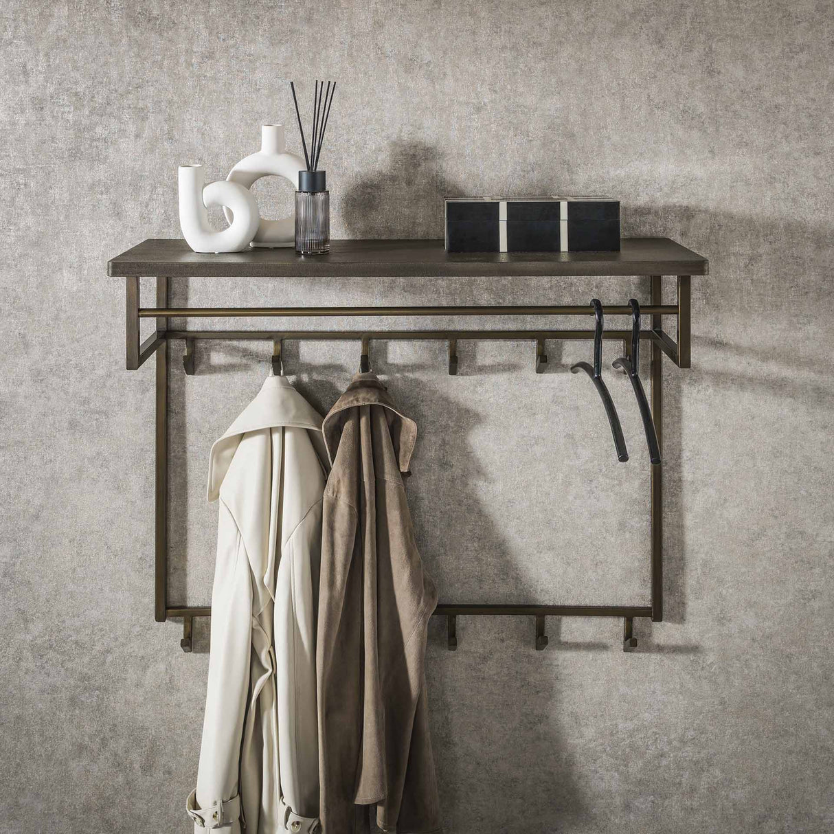 Coat rack Ferre 12-Hook - With Hat Shelf - Antique Bronze Metal