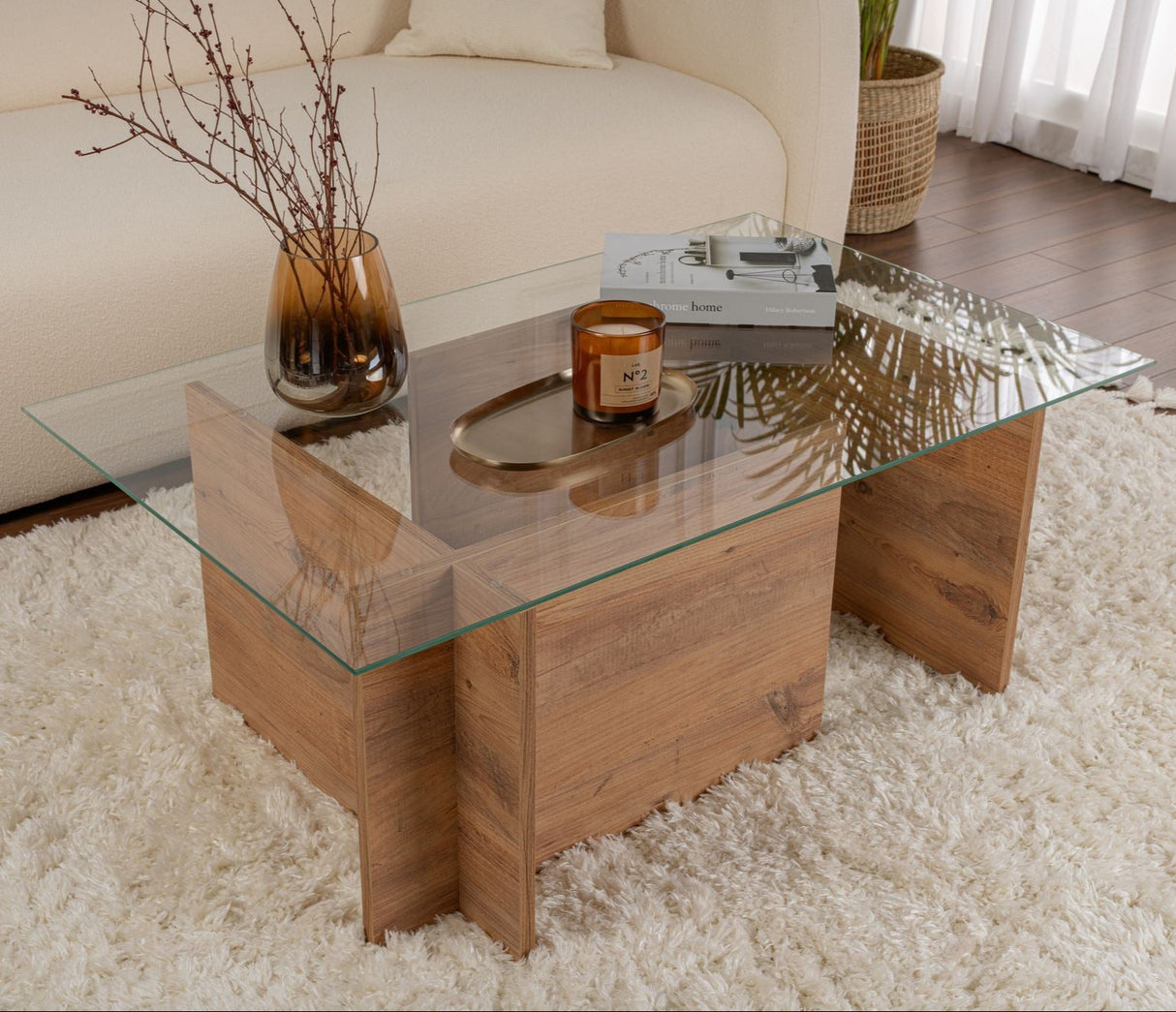 Rectangular Modern Coffee Table Vetroni Atlantic Pine Wood Look - Glass - 105x65 cm