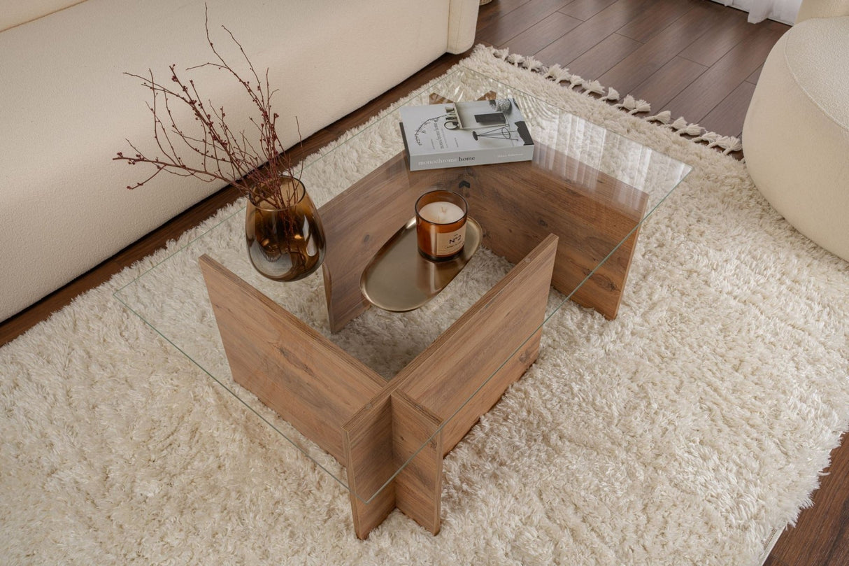 Rectangular Modern Coffee Table Vetroni Atlantic Pine Wood Look - Glass - 105x65 cm