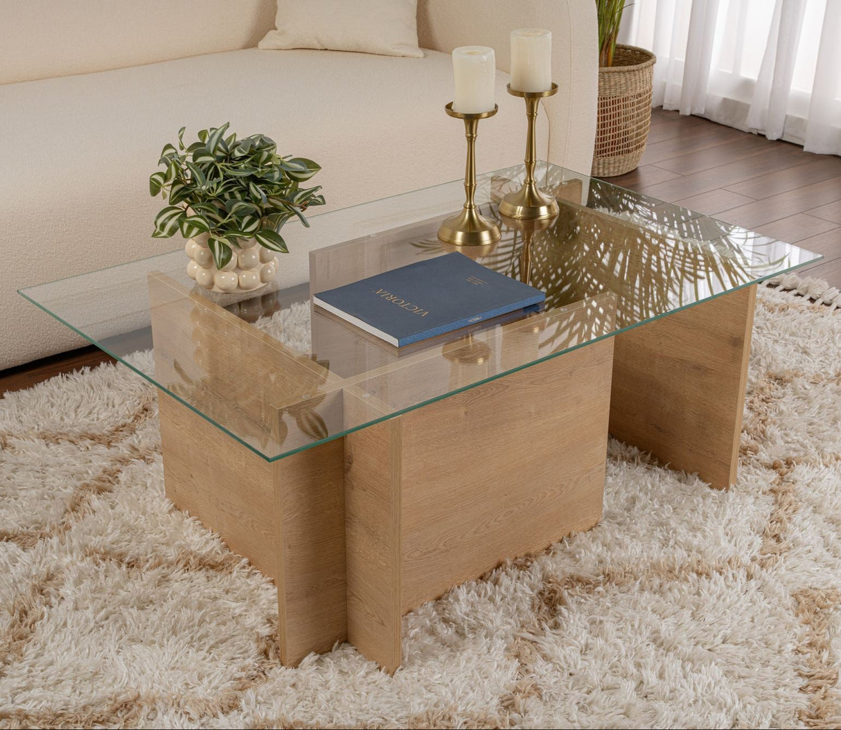 Rectangular Modern Coffee Table Honey Oak Look - Glass - 105x65 cm