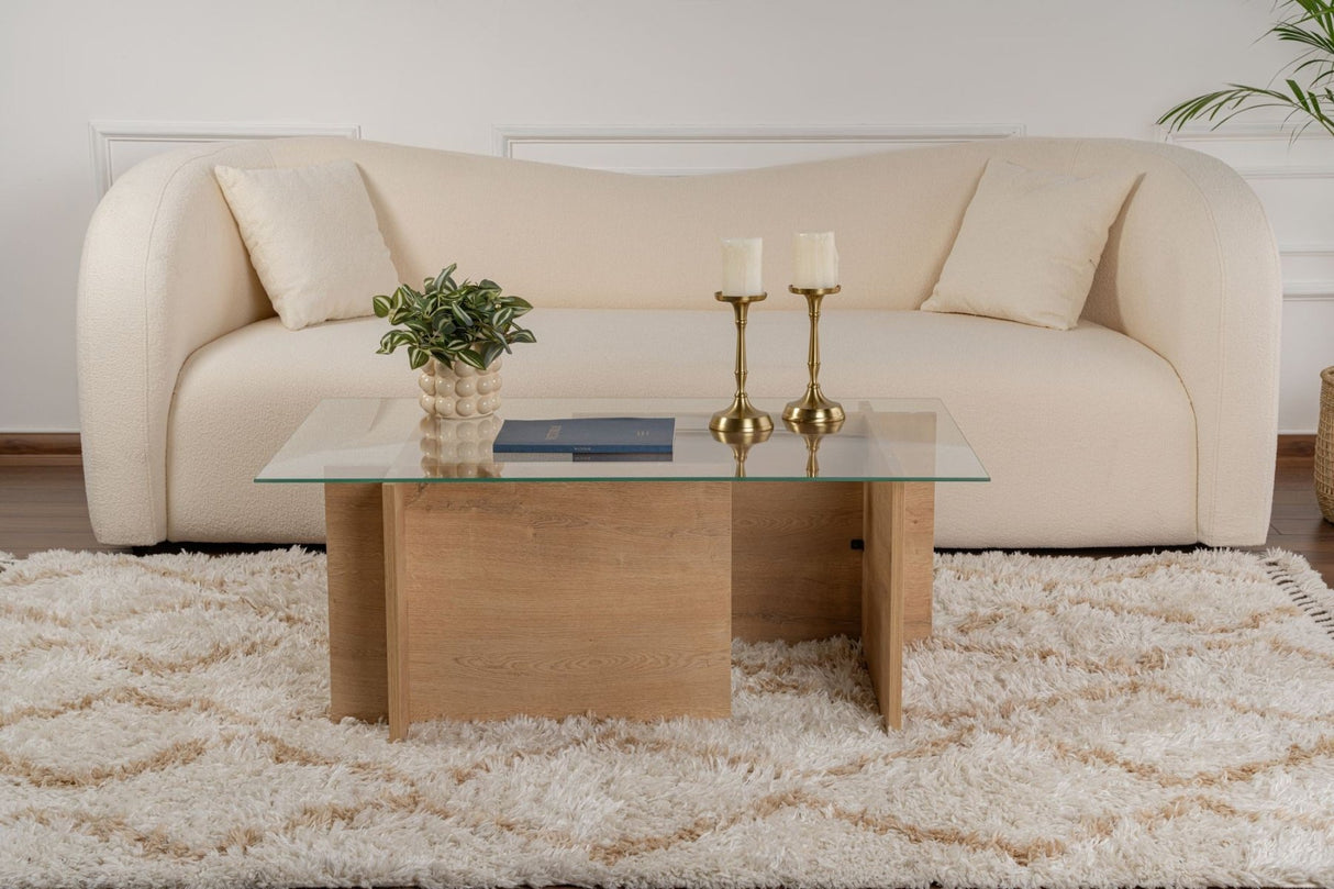 Rectangular Modern Coffee Table Honey Oak Look - Glass - 105x65 cm