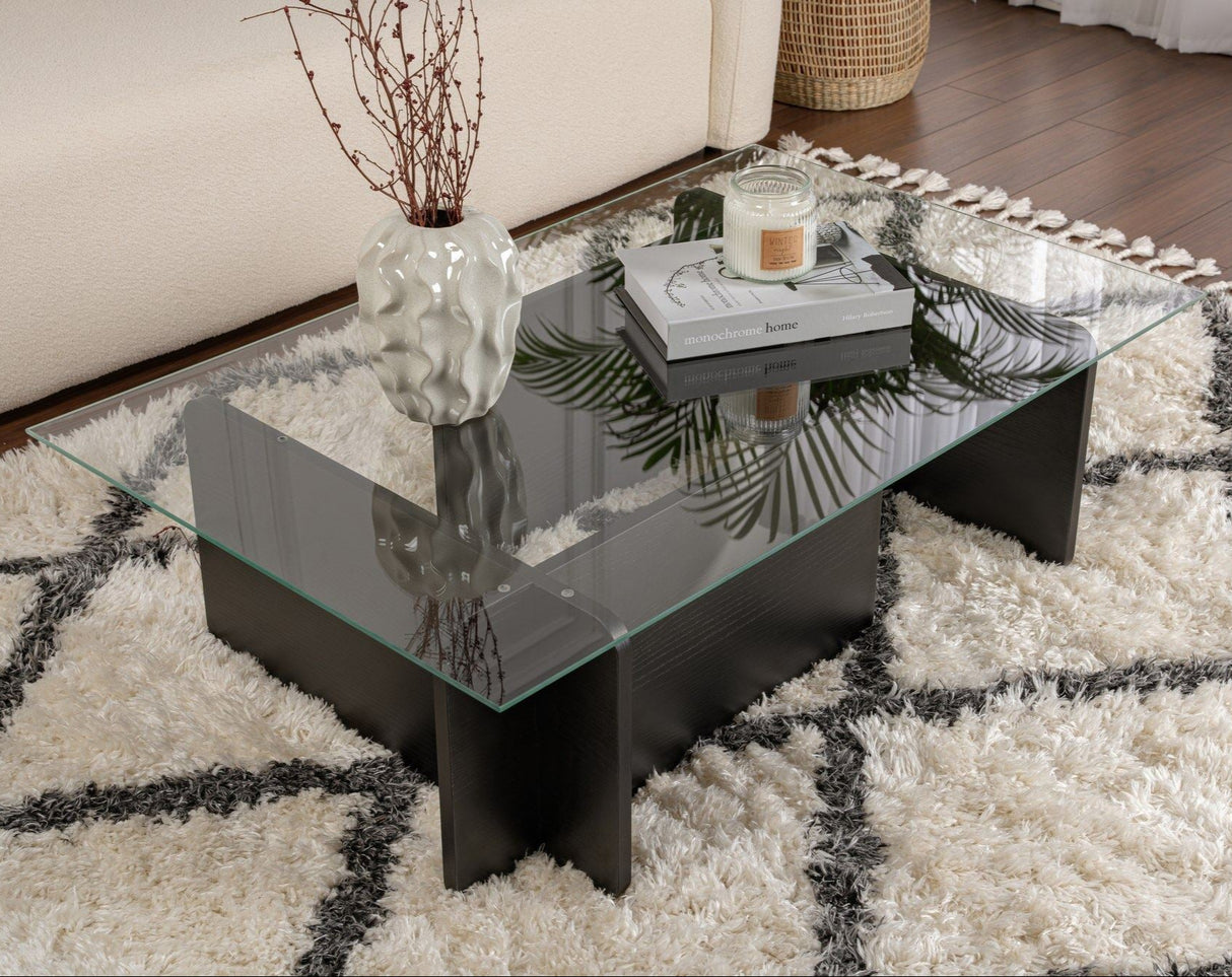 Coffee Table Black Wood Melamine Glass Opal 105x65x30 cm