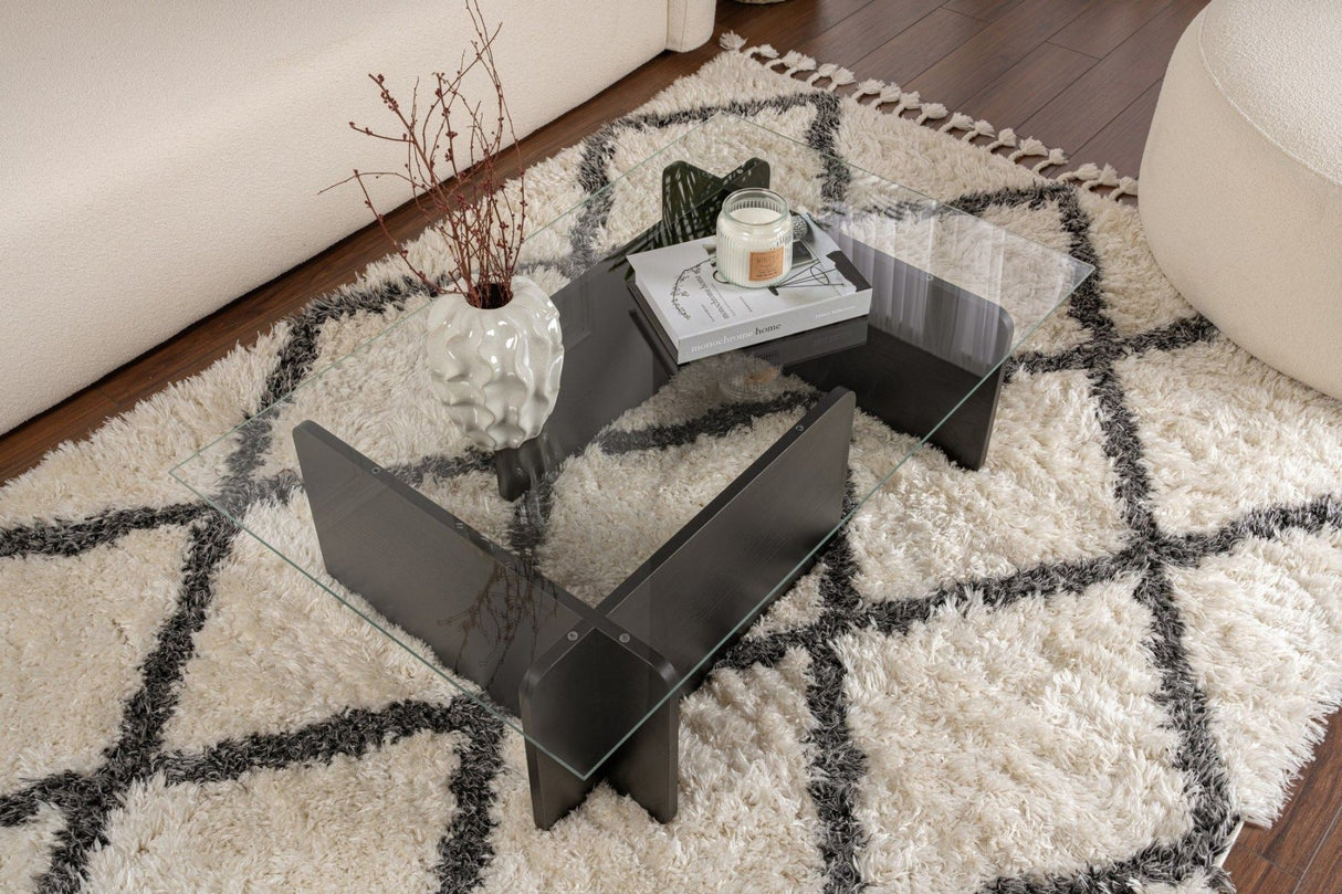 Coffee Table Black Wood Melamine Glass Opal 105x65x30 cm