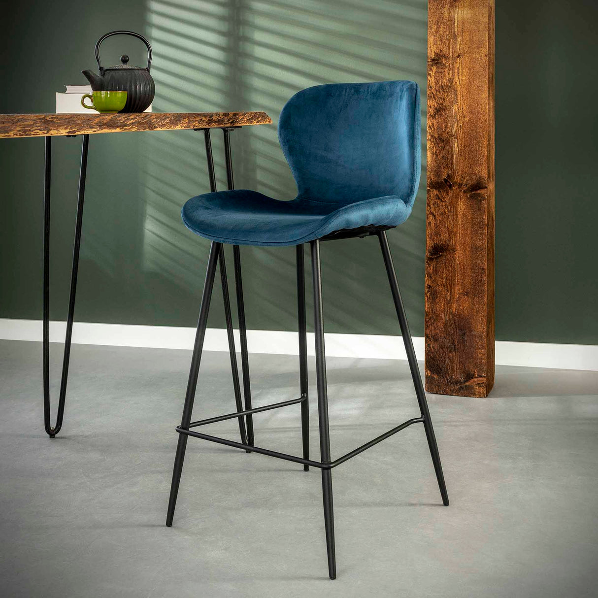Modern Velvet Blue Bar Stool Without Armrests Argo