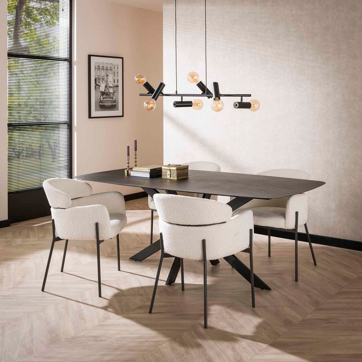 Dining chair Lola Bouclé fabric Cream white with round back and arm