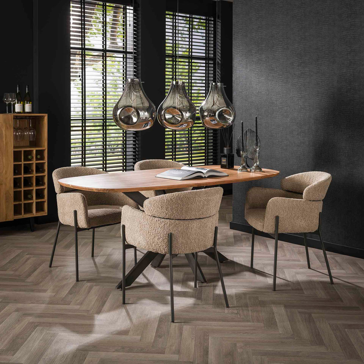 Dining chair Lola Bouclé fabric Beige with round back and arm