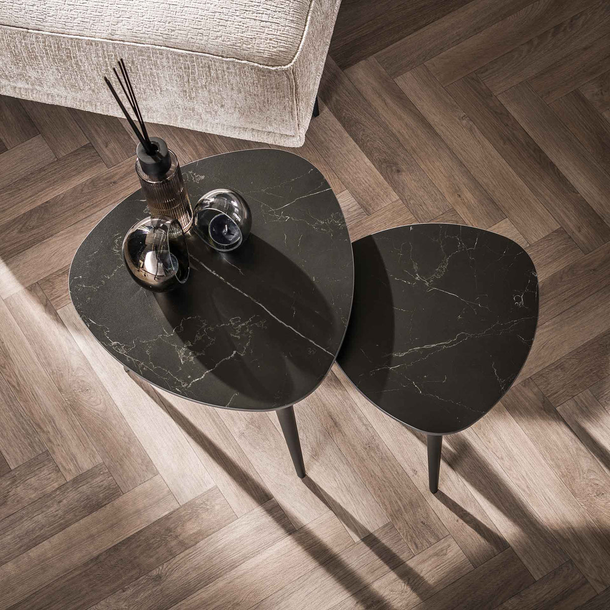 Set of 2 Sophie Triangular Side Tables Ceramic with Marble Effect Black