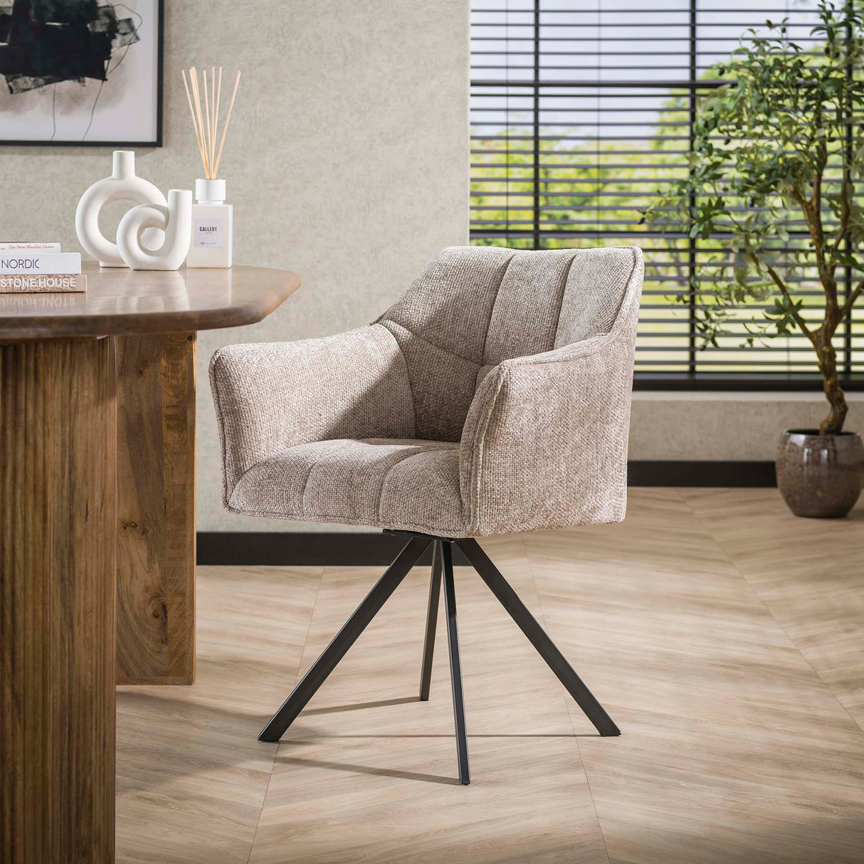 Set of 2 Dining Chairs Lino Chenille Fabric Rich Sand Swivel