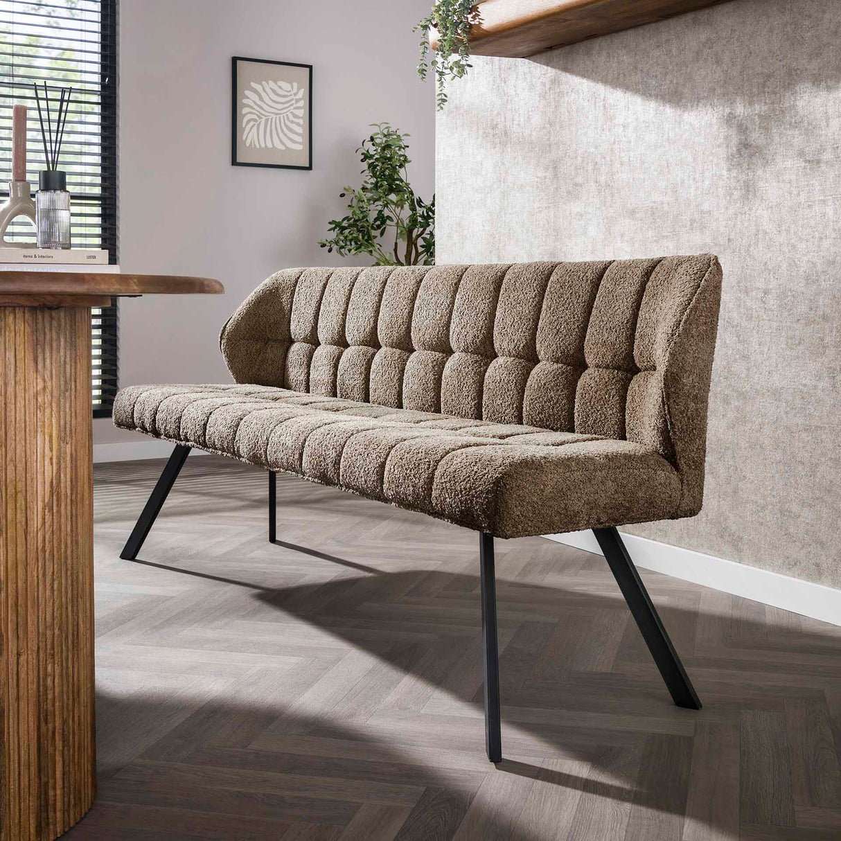 Dining bench Lino Bouclé Fabric Taupe 180 cm Checked