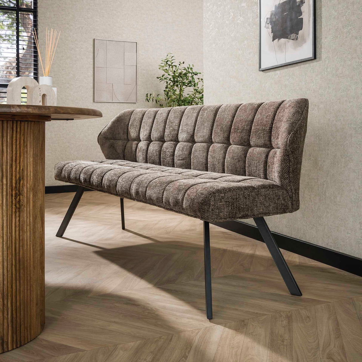 Dining bench Lino Chenille Fabric Rich Taupe 180 cm Checkered
