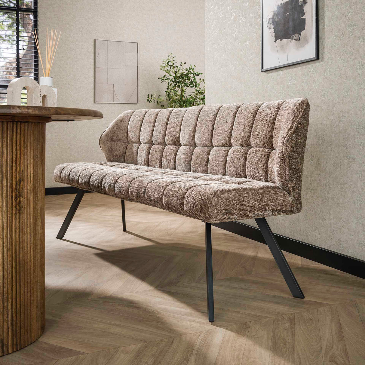 Dining room bench Lino Chenille Fabric Rich Champagne Checkered