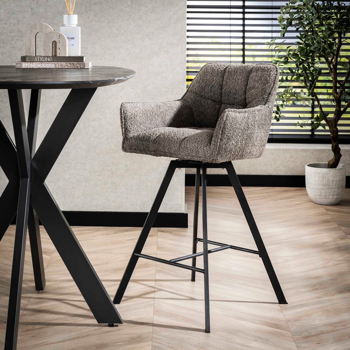 Set of 2 Lino Bouclé Taupe Bar Stools Swivel