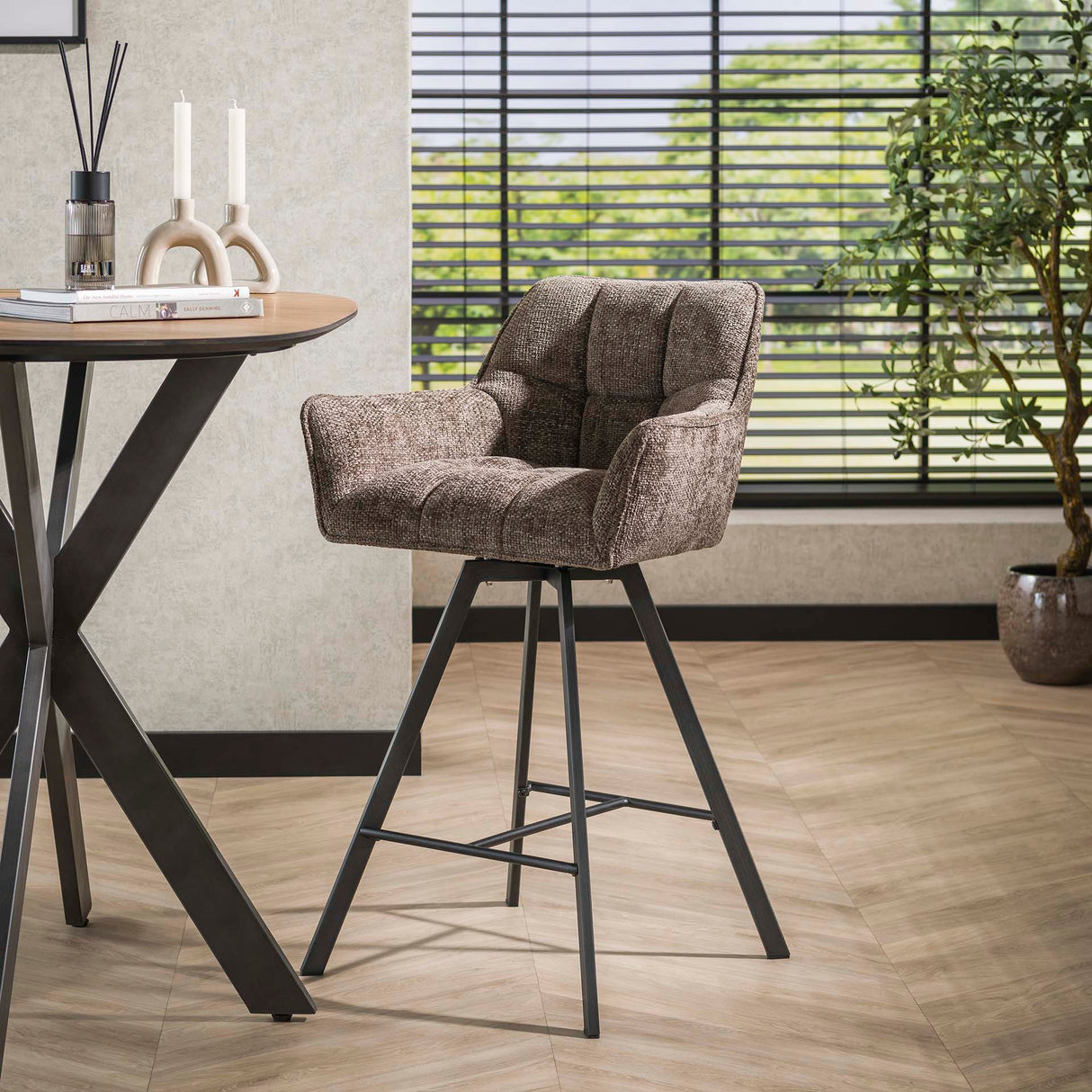 Set of 2 Bar Stools Lino Chenille Fabric Rich Taupe Swivel