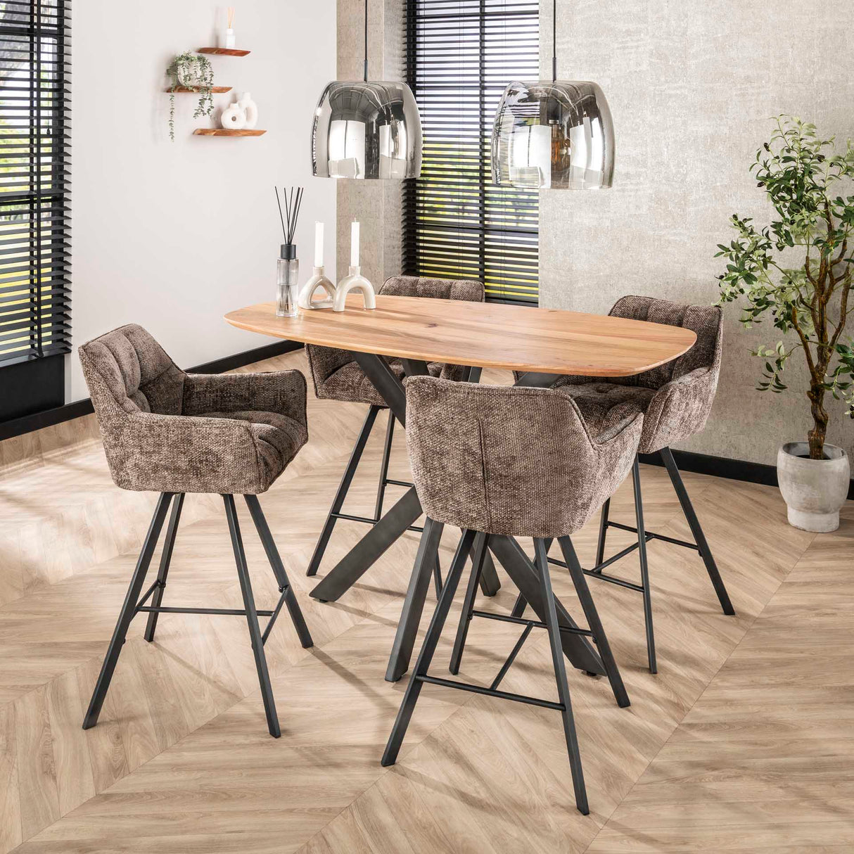 Set of 2 Bar Stools Lino Chenille Fabric Rich Taupe Swivel