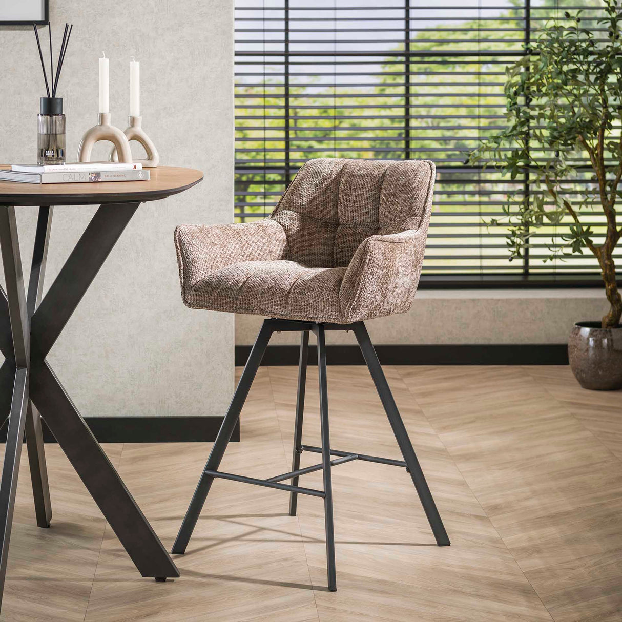 Set of 2 Bar Stools Lino Chenille Fabric Rich Champagne Swivel