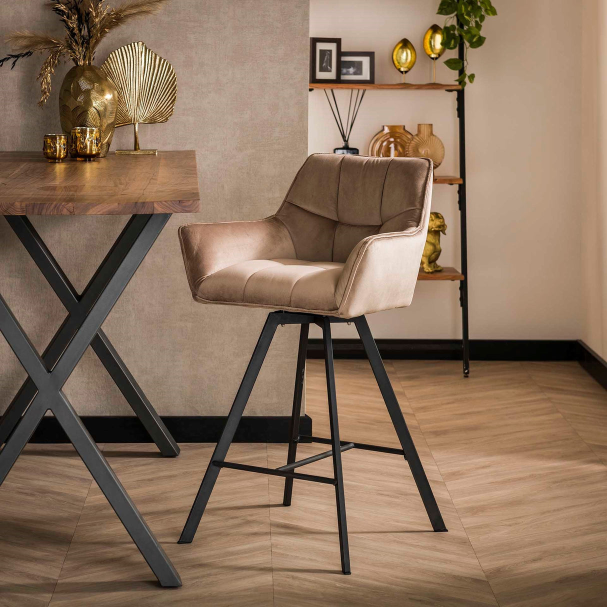 Set of 2 Lino Velvet Champagne Bar Stools Swivel