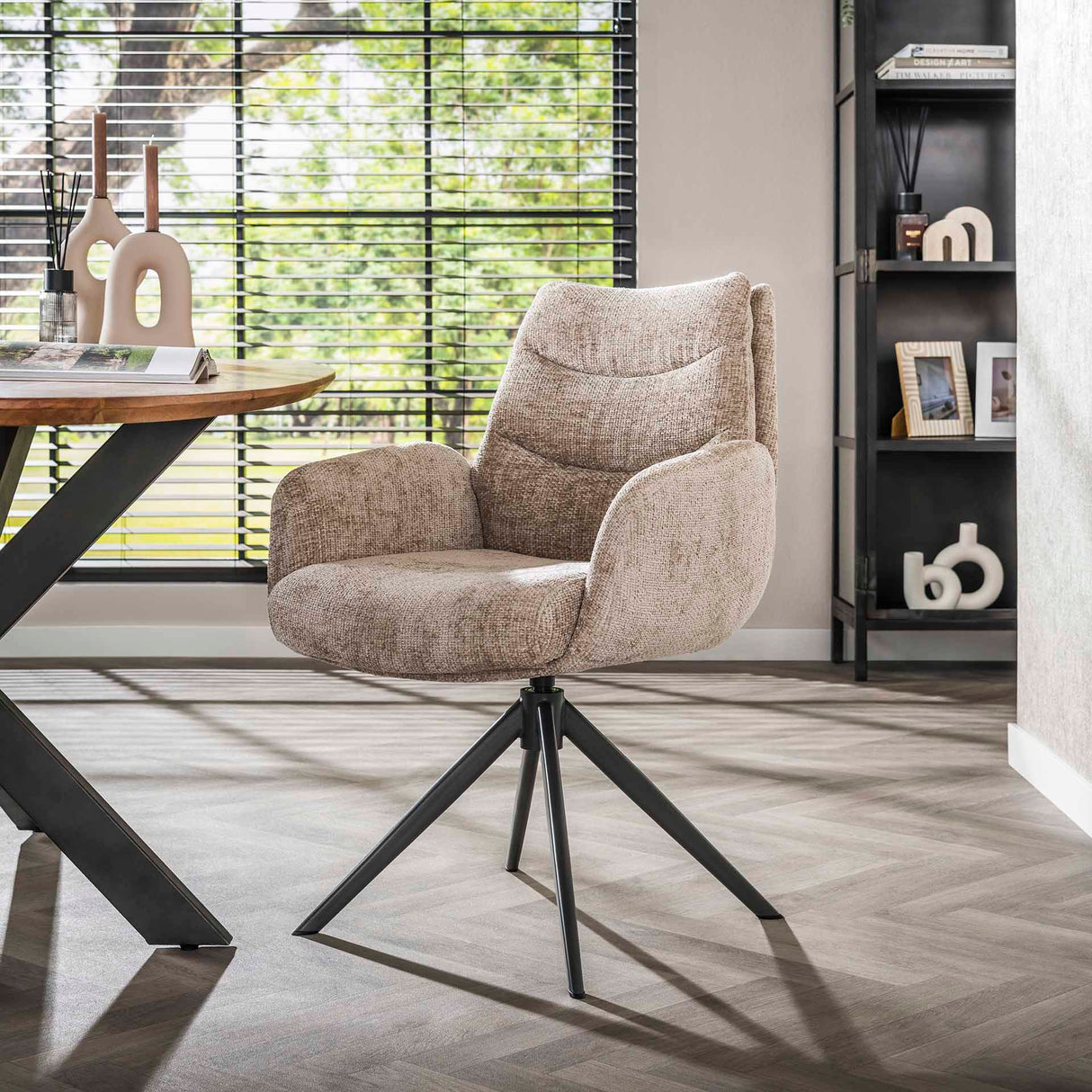 Set of 2 Dining Chairs Elite Sand Chenille Fabric Rich Swivel