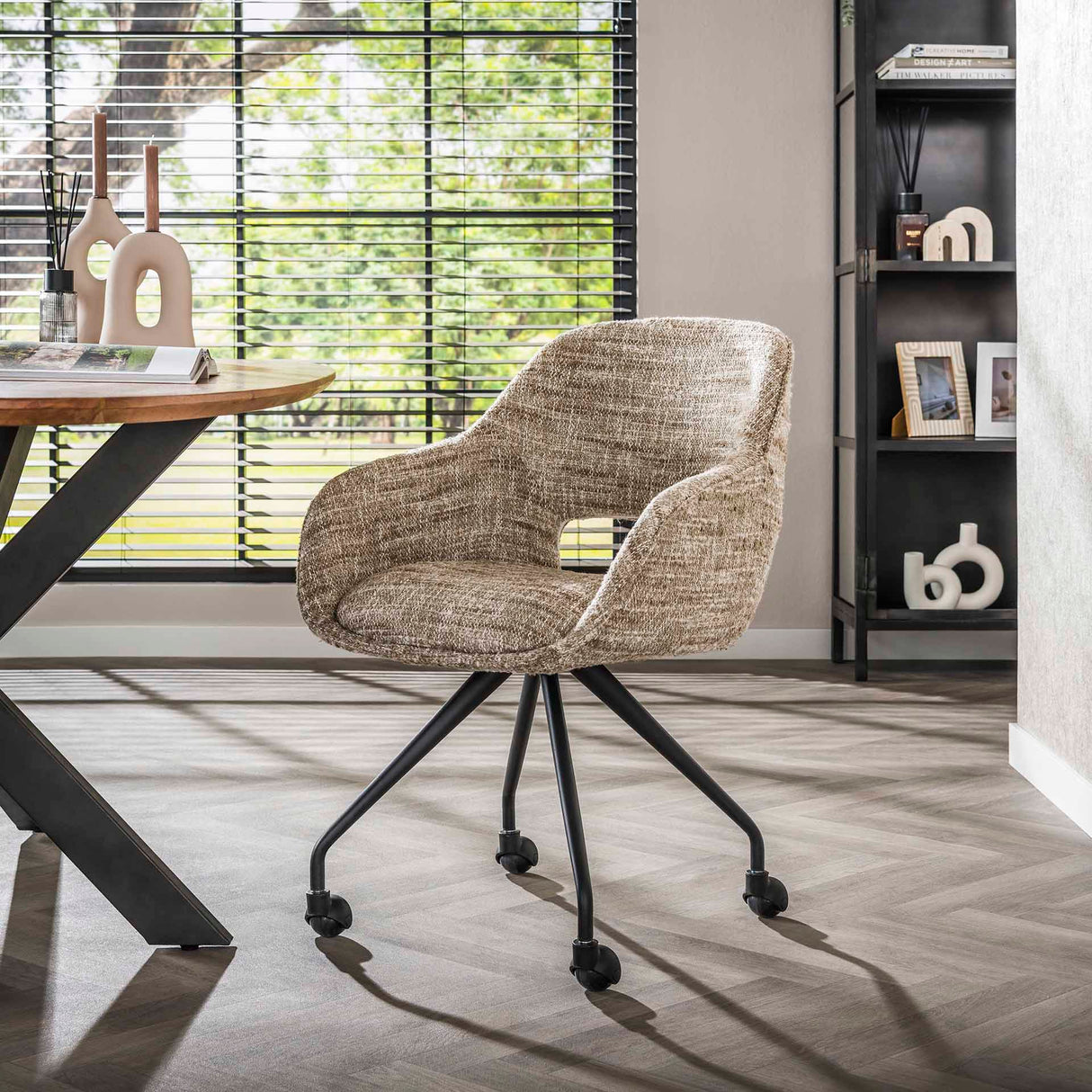 Set of 2 Dining Chairs with Wheels Springo Swivel Eagle Fabric Sand